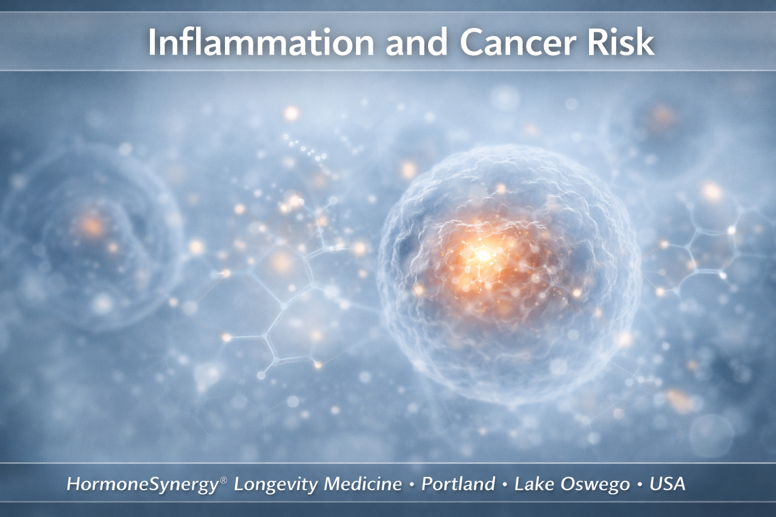 Inflammation and cancer risk banner showing subtle biological signaling and clinical visualization of chronic inflammation in longevity medicine.