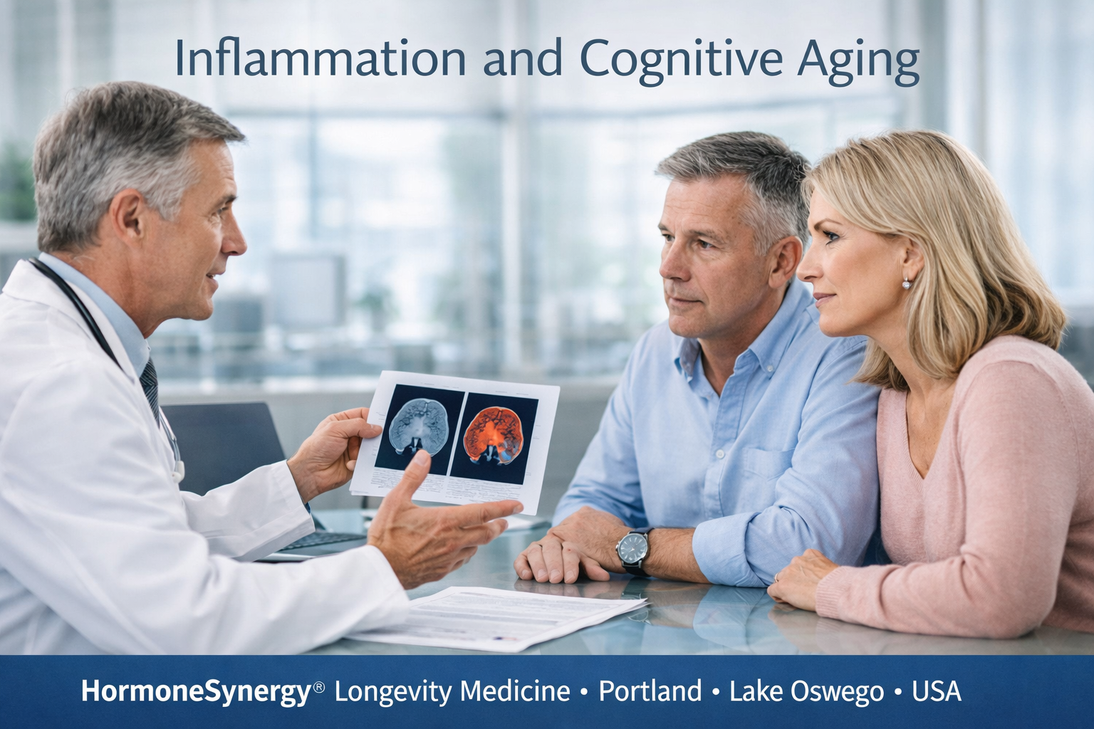 Physician reviewing brain imaging and inflammation-related cognitive aging changes with middle-aged patients in a preventive longevity medicine clinic, HormoneSynergy® Portland Lake Oswego USA