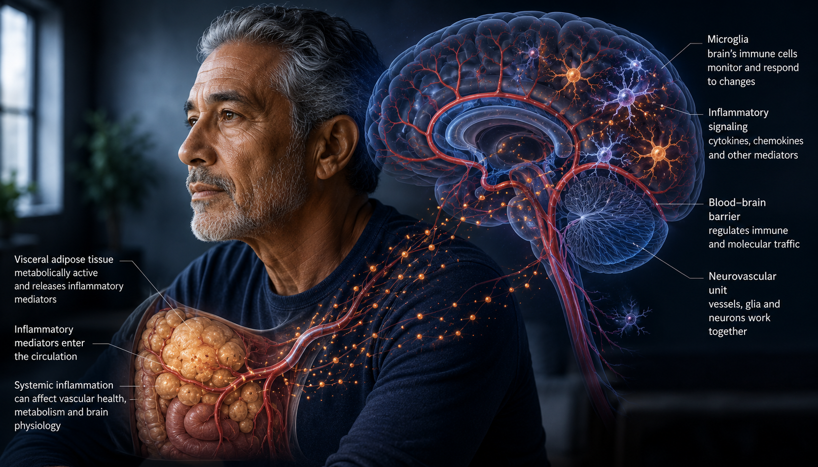 Older man with brain, vascular and inflammatory signaling illustration showing chronic inflammation, microglia and cognitive aging.