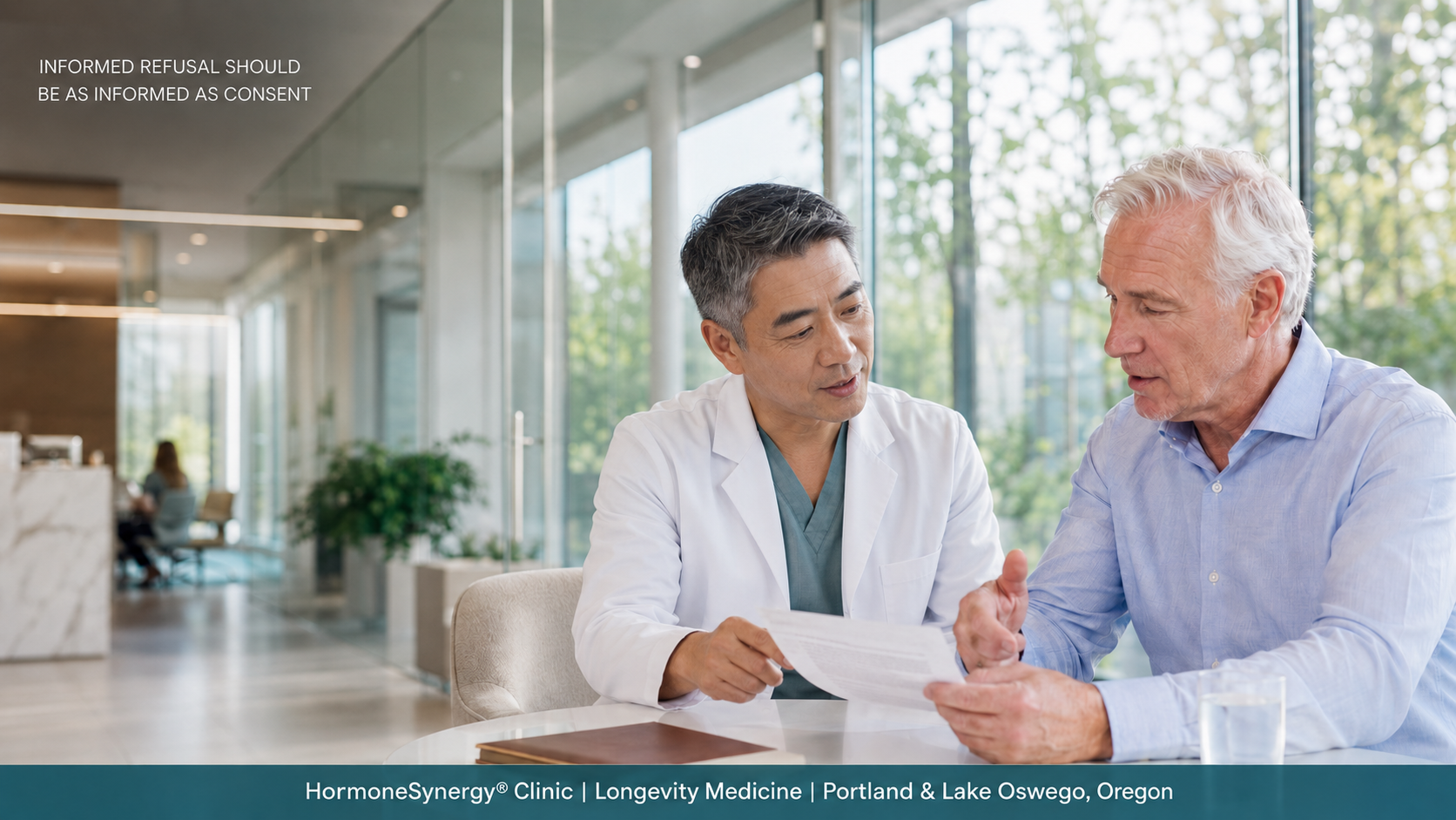 Physician and patient discussing treatment benefits, risks, alternatives, and informed refusal at HormoneSynergy Clinic.