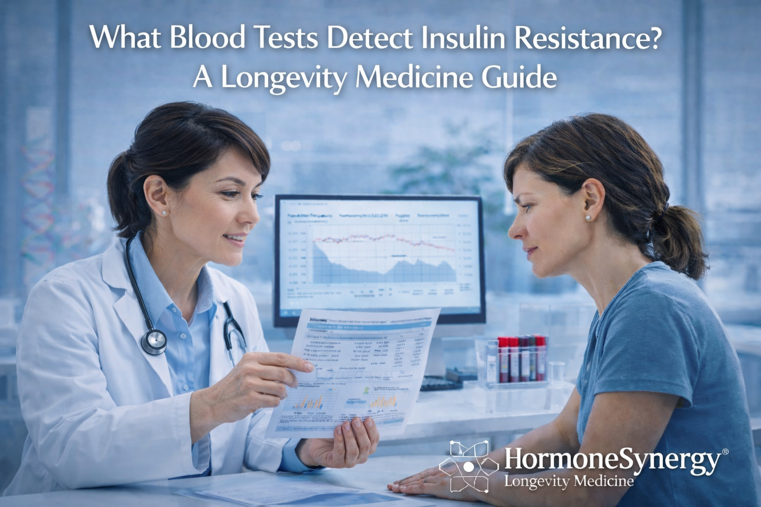 Female physician reviewing metabolic blood tests for insulin resistance with patient at HormoneSynergy® Longevity Medicine clinic in Portland, Oregon