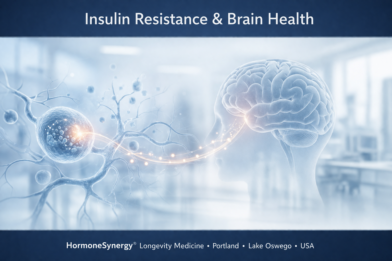 Insulin resistance and brain health illustration showing metabolic signaling and cognitive function from a longevity medicine perspective