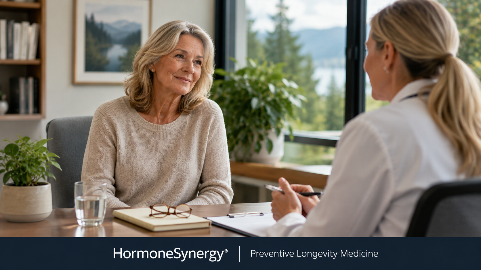 Woman discussing mental health and healthy aging with a physician as part of a preventive longevity medicine assessment.