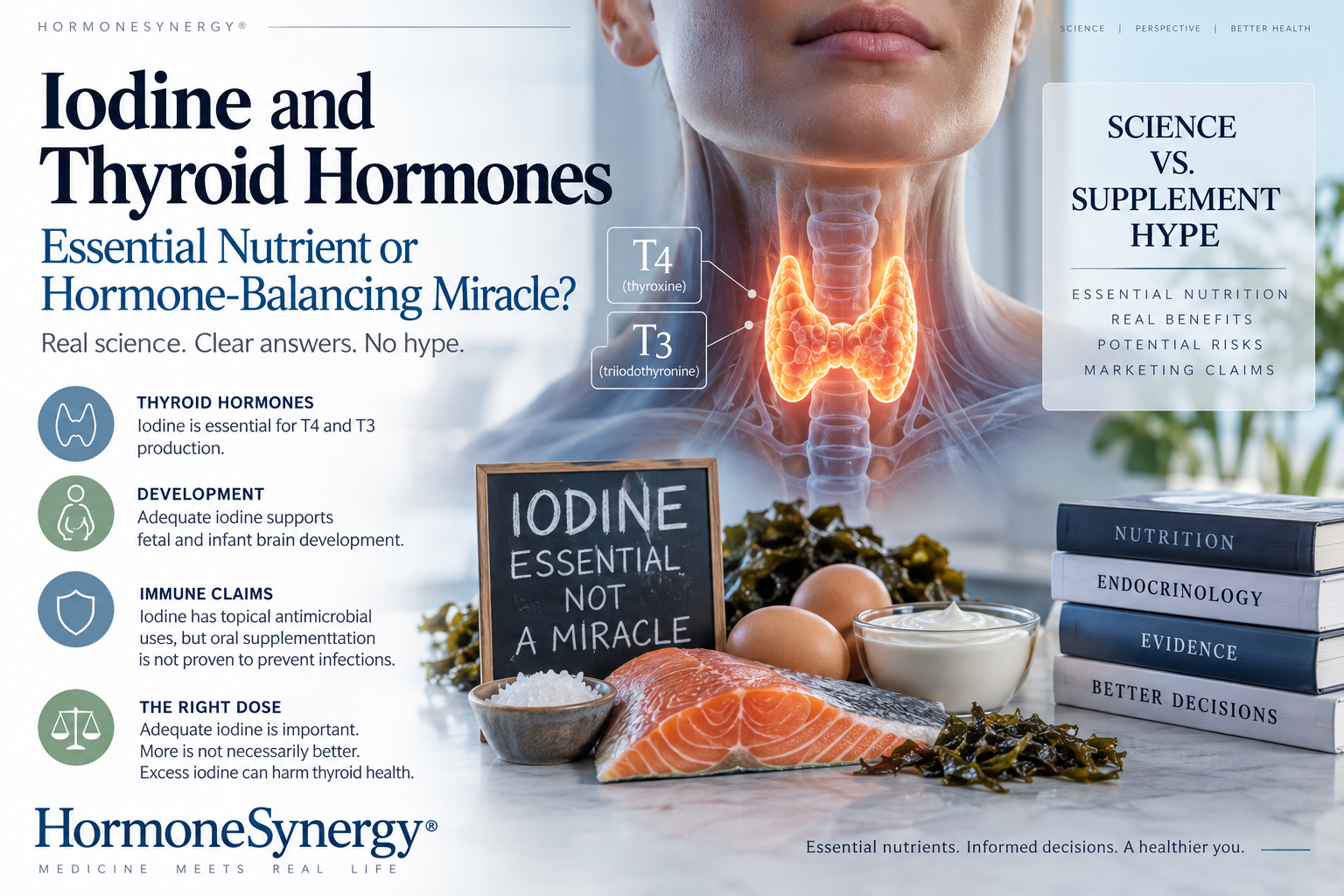 HormoneSynergy® medical editorial image showing the thyroid gland, T3 and T4 hormones, iodine-rich foods, and the message that iodine is essential for thyroid health but is not a hormone-balancing miracle.