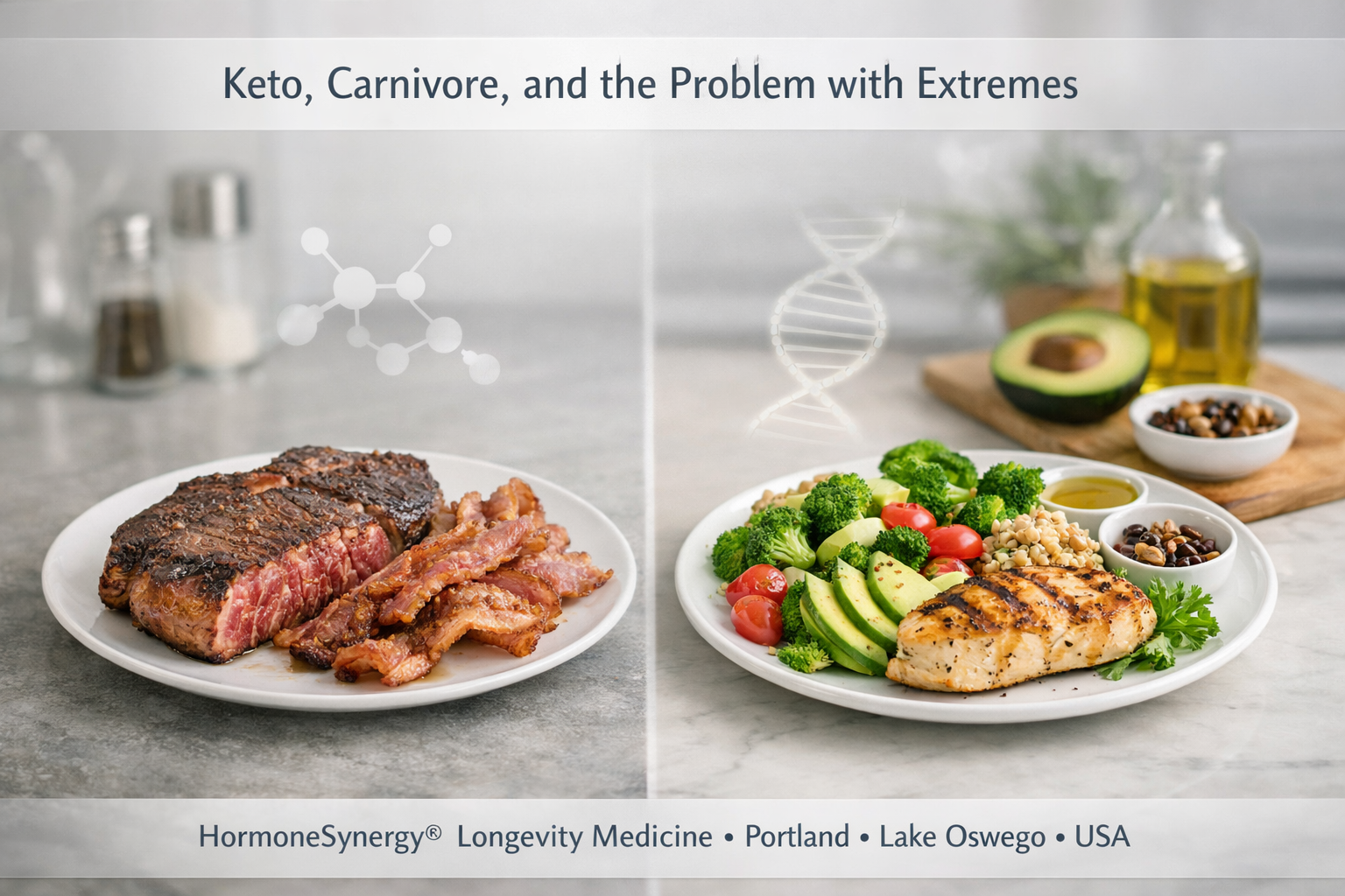 Keto vs carnivore diet compared to balanced nutrition illustrating extremes versus sustainable physiology in longevity medicine