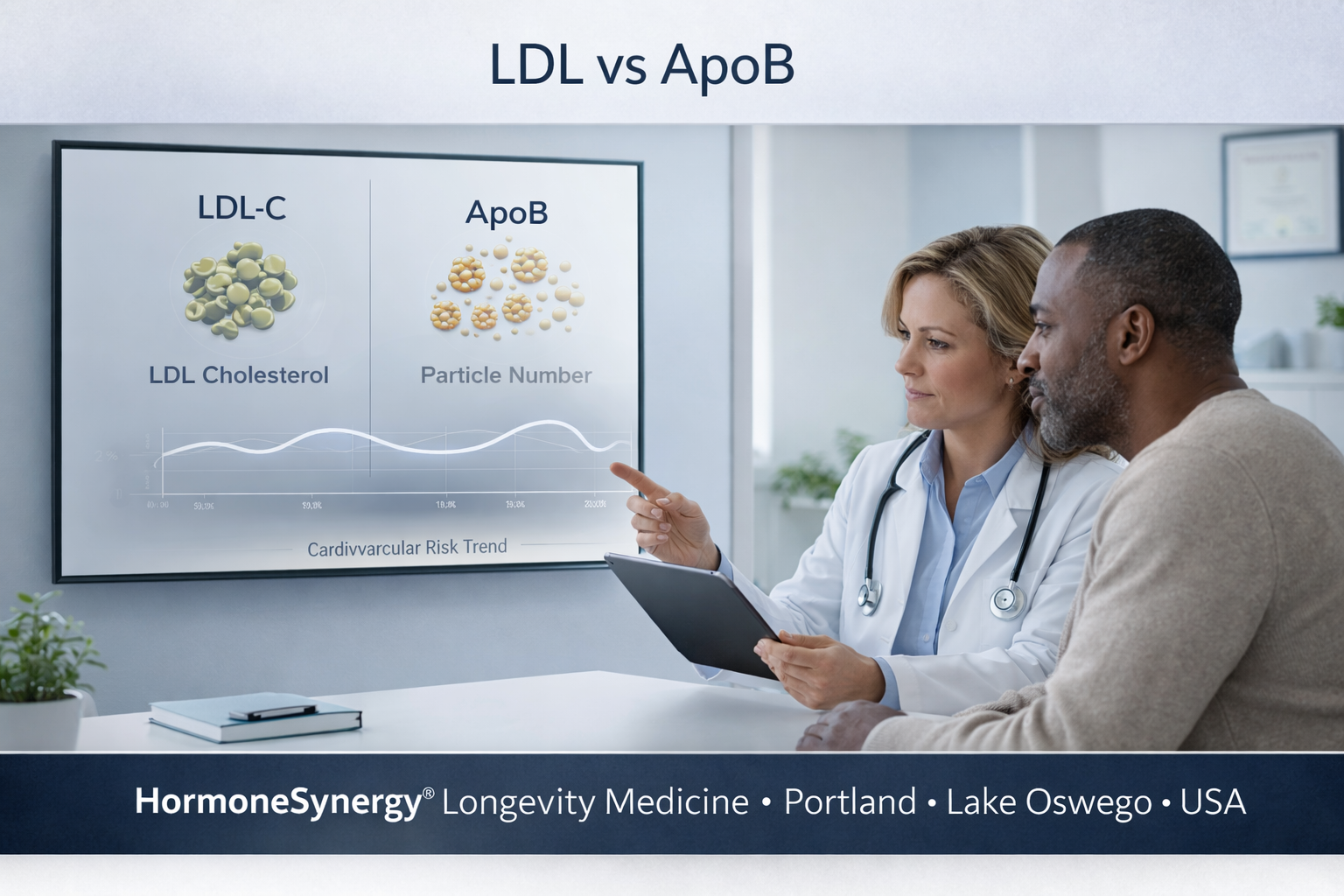 LDL vs ApoB cardiovascular risk concept showing physician reviewing lipid markers and particle number with patient in clinical setting HormoneSynergy Portland Oregon USA
