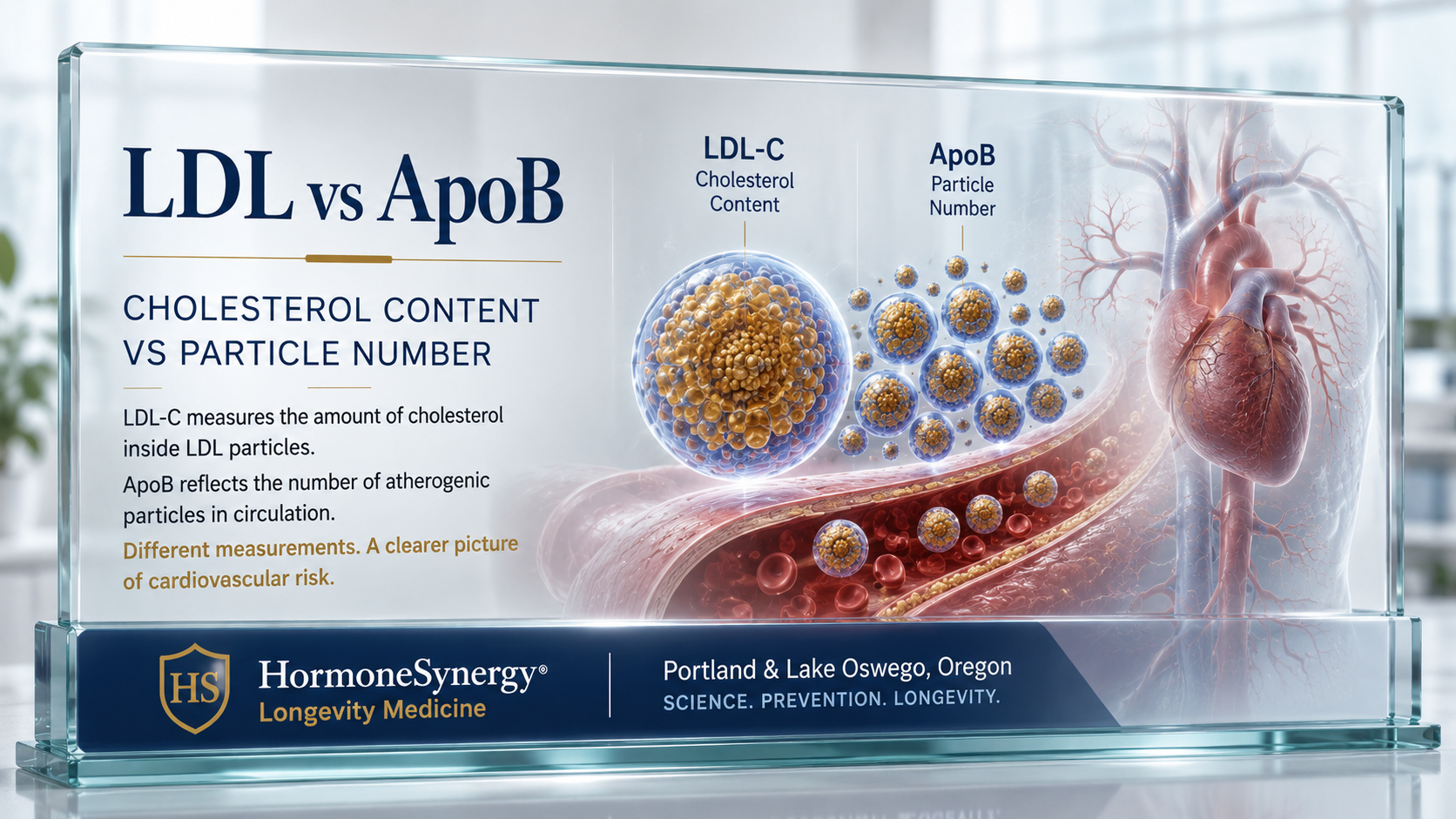 LDL vs ApoB medical illustration comparing LDL cholesterol content with ApoB atherogenic particle number and cardiovascular risk.