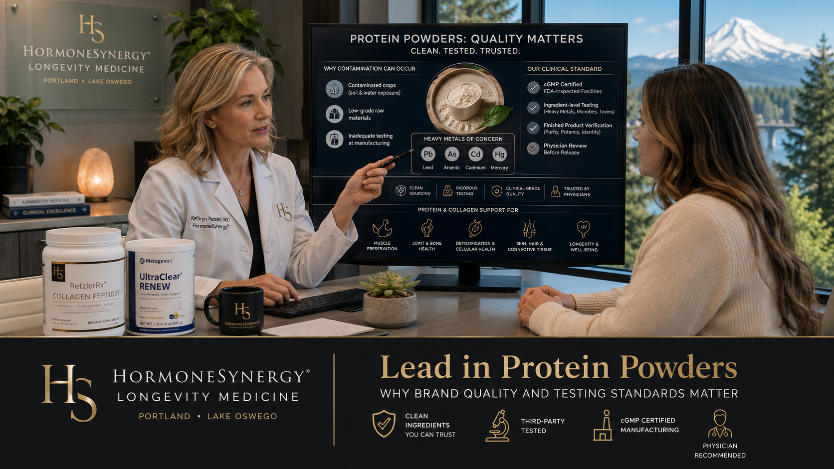 Physician reviewing protein powder quality, heavy metal testing, collagen peptides, and supplement safety standards with a patient in a modern Portland and Lake Oswego longevity medicine clinic.