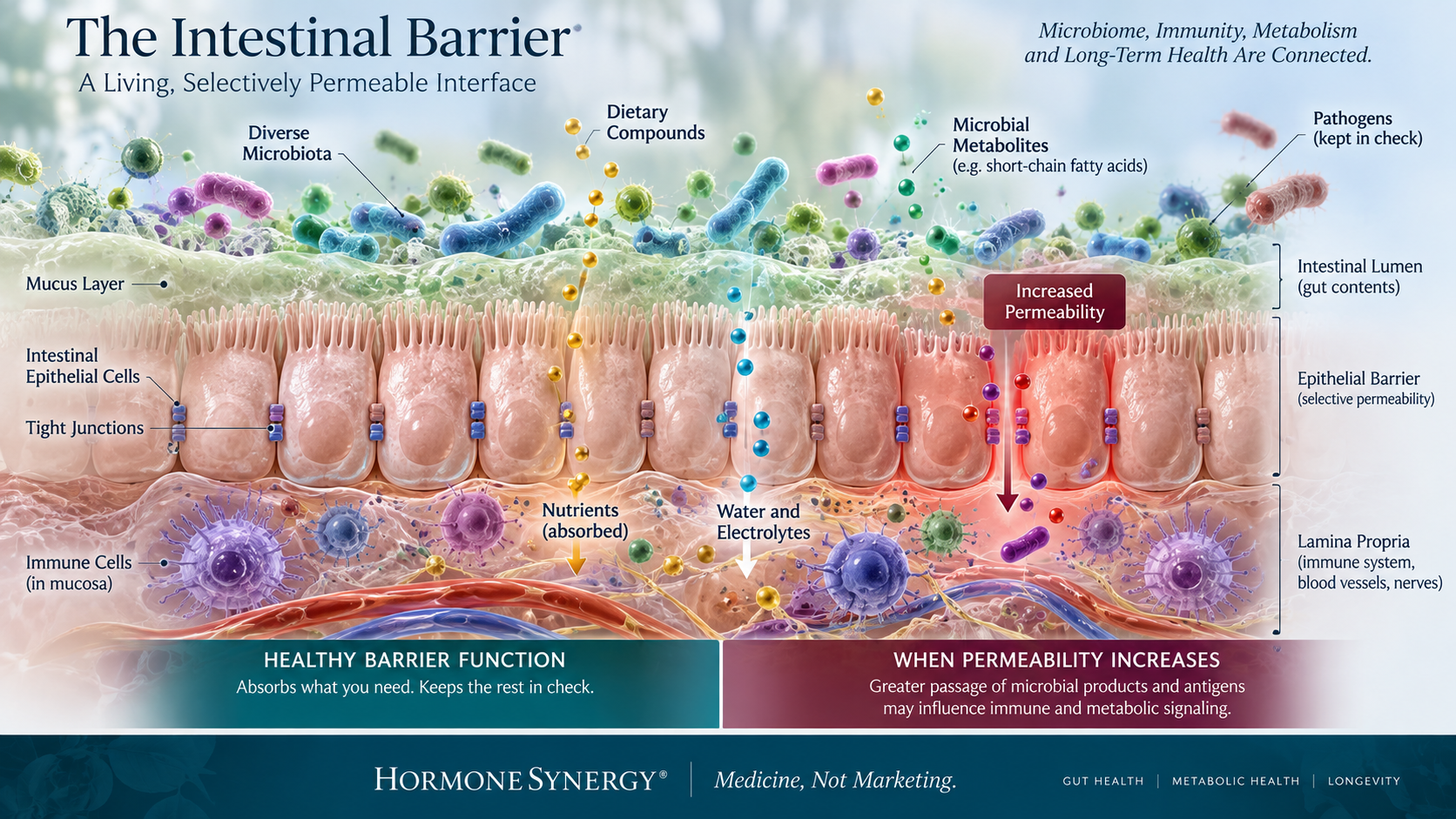 Medical illustration showing the intestinal microbiome, mucus layer, epithelial barrier and a localized area of increased intestinal permeability.