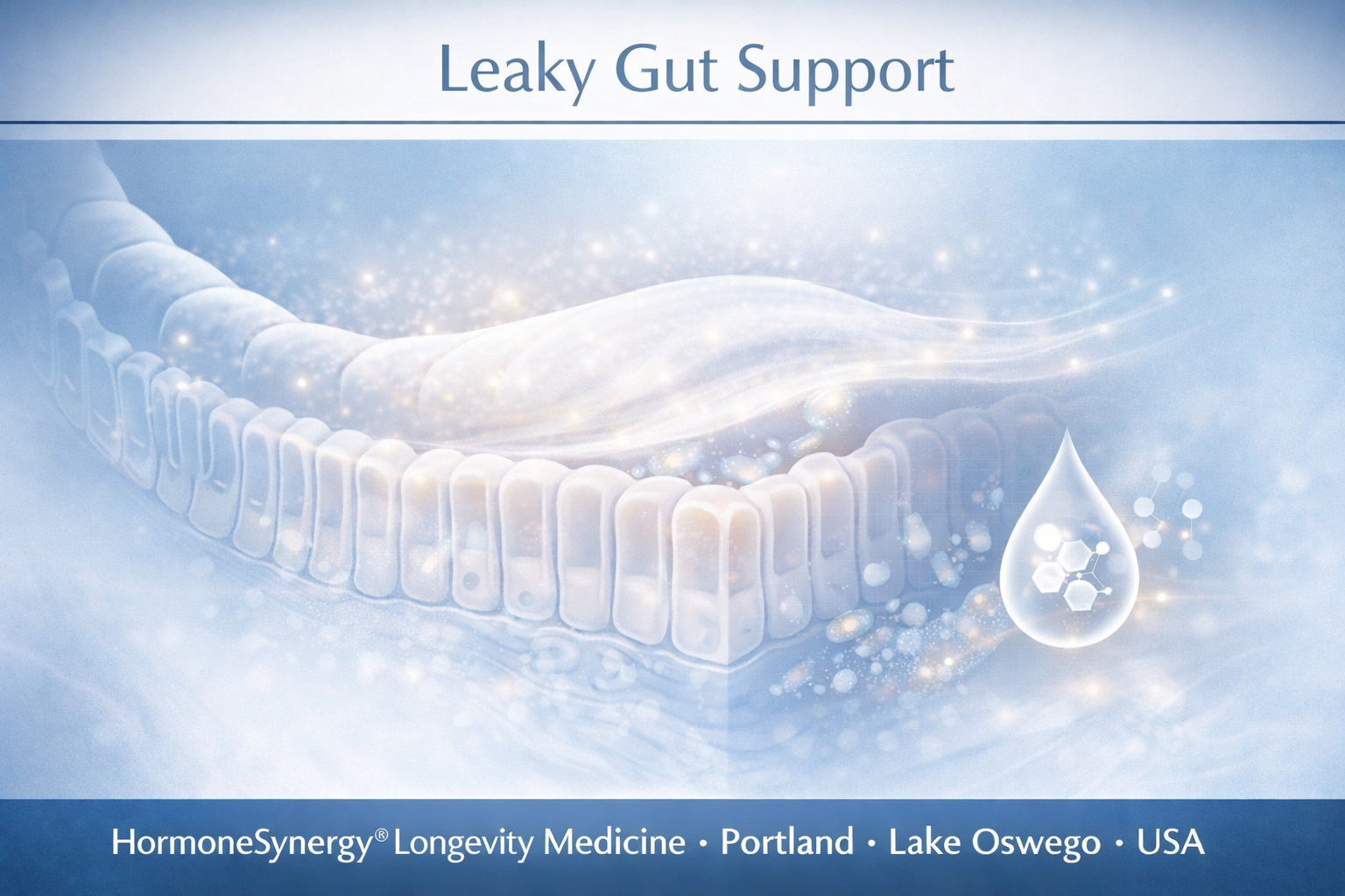 Leaky gut support and intestinal barrier health shown in a clean clinical editorial style for HormoneSynergy® Longevity Medicine
