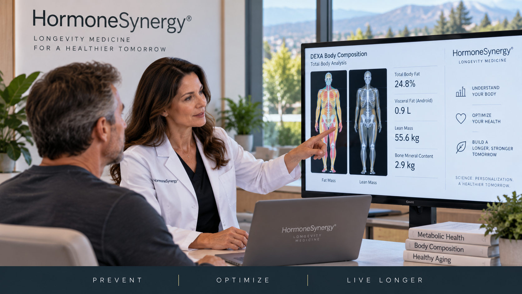 Female HormoneSynergy physician reviewing DEXA body composition results showing lean mass, fat mass, visceral fat, and bone mineral content with a patient.