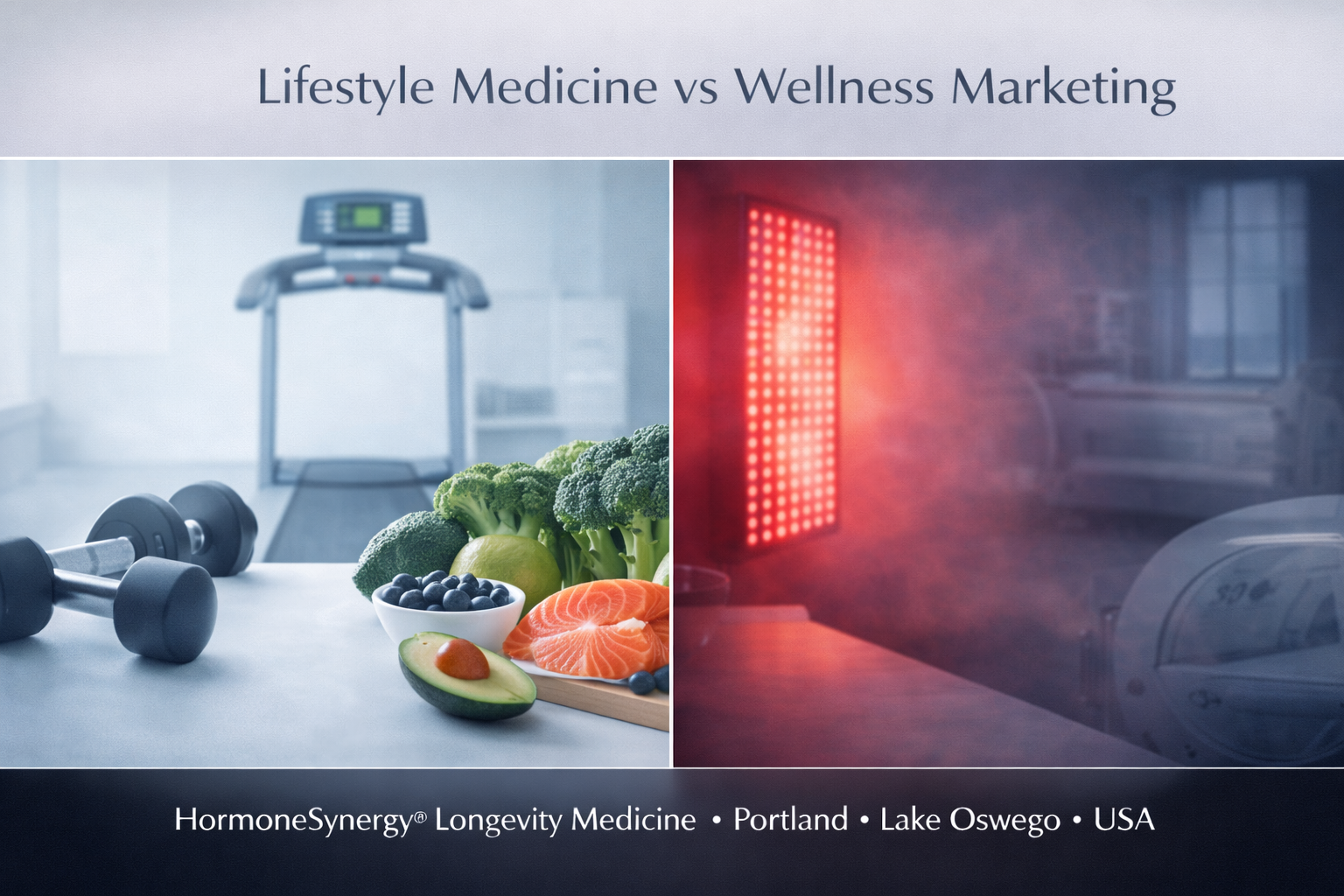Editorial image contrasting foundational lifestyle medicine with wellness marketing tools in a clean clinical setting