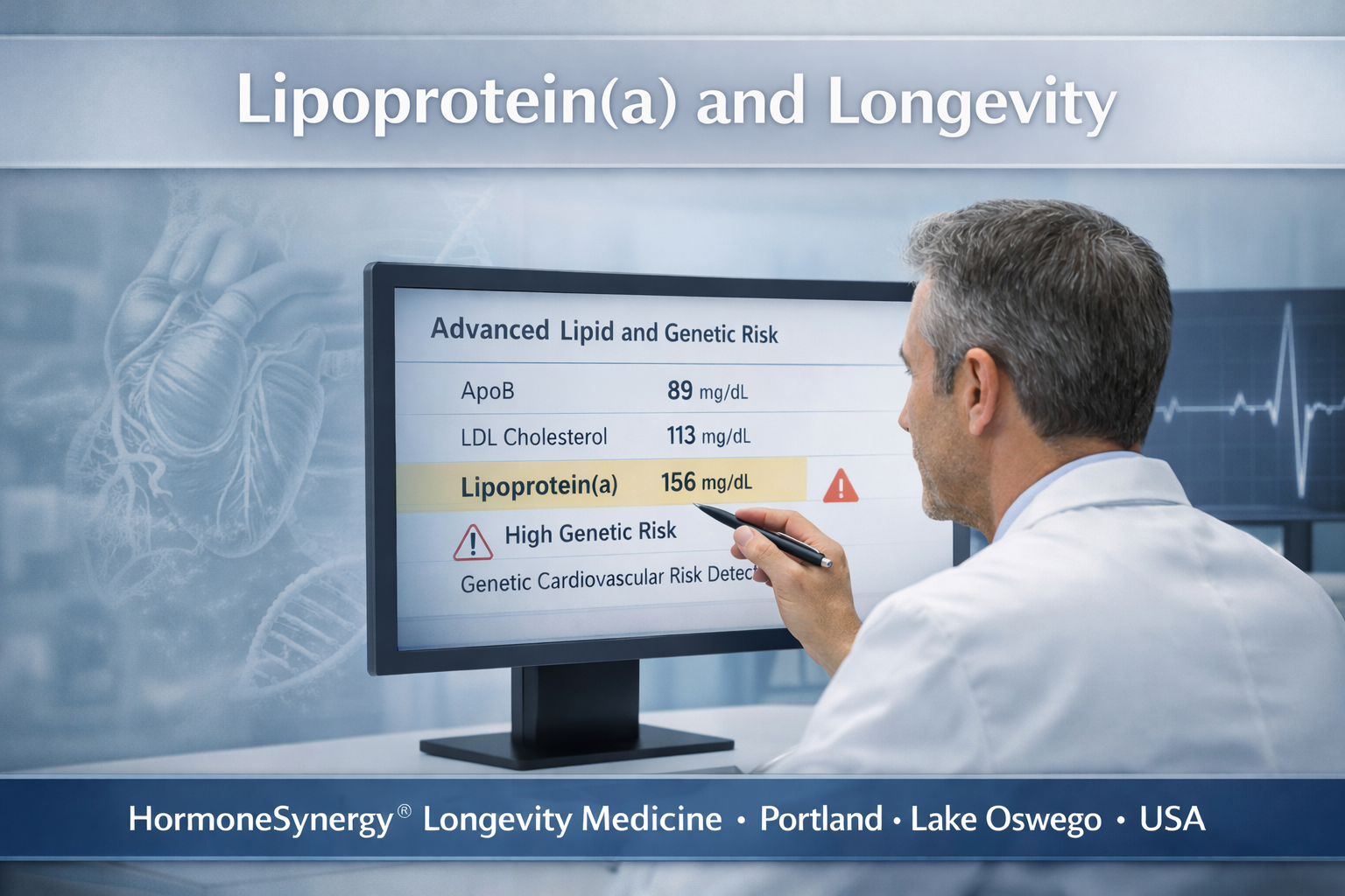 Lipoprotein(a) longevity medicine banner showing inherited cardiovascular risk assessment and preventive cardiology analysis