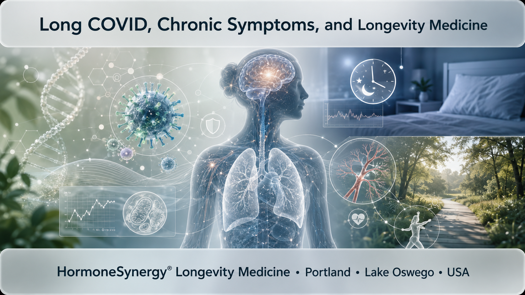 Long COVID chronic symptoms and longevity medicine educational graphic showing immune, brain, vascular, sleep, and metabolic systems in a calm clinical style.