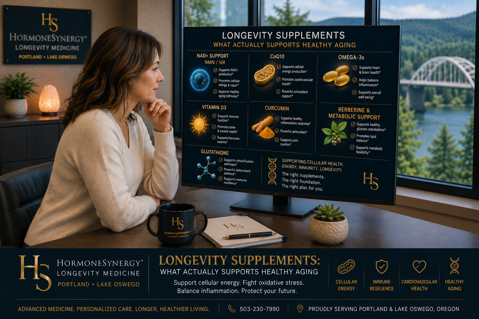 Patient reviewing longevity supplements, NAD+ support, CoQ10, omega-3s, vitamin D, curcumin, berberine, glutathione, antioxidant defense, and metabolic health in a modern Portland and Lake Oswego longevity medicine clinic.