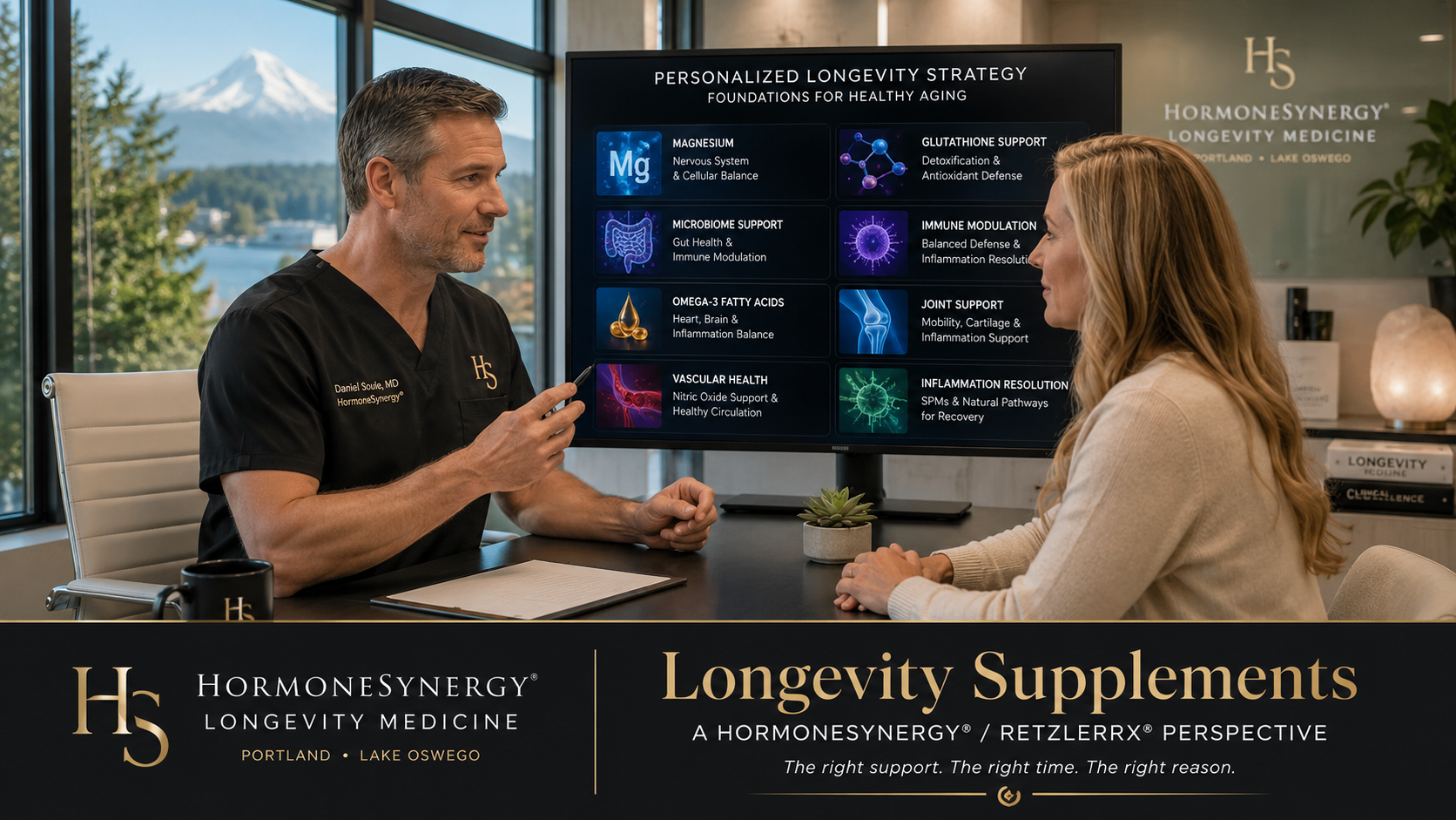 Physician reviewing longevity supplements, magnesium, glutathione, microbiome support, omega-3s, and vascular health with a patient in a modern Portland and Lake Oswego clinic.