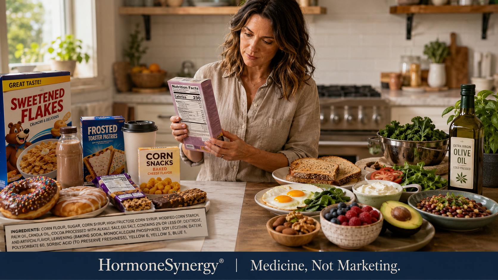 Modern breakfast table comparing sugary ultra-processed foods with protein-rich minimally processed foods in a HormoneSynergy nutrition editorial.
