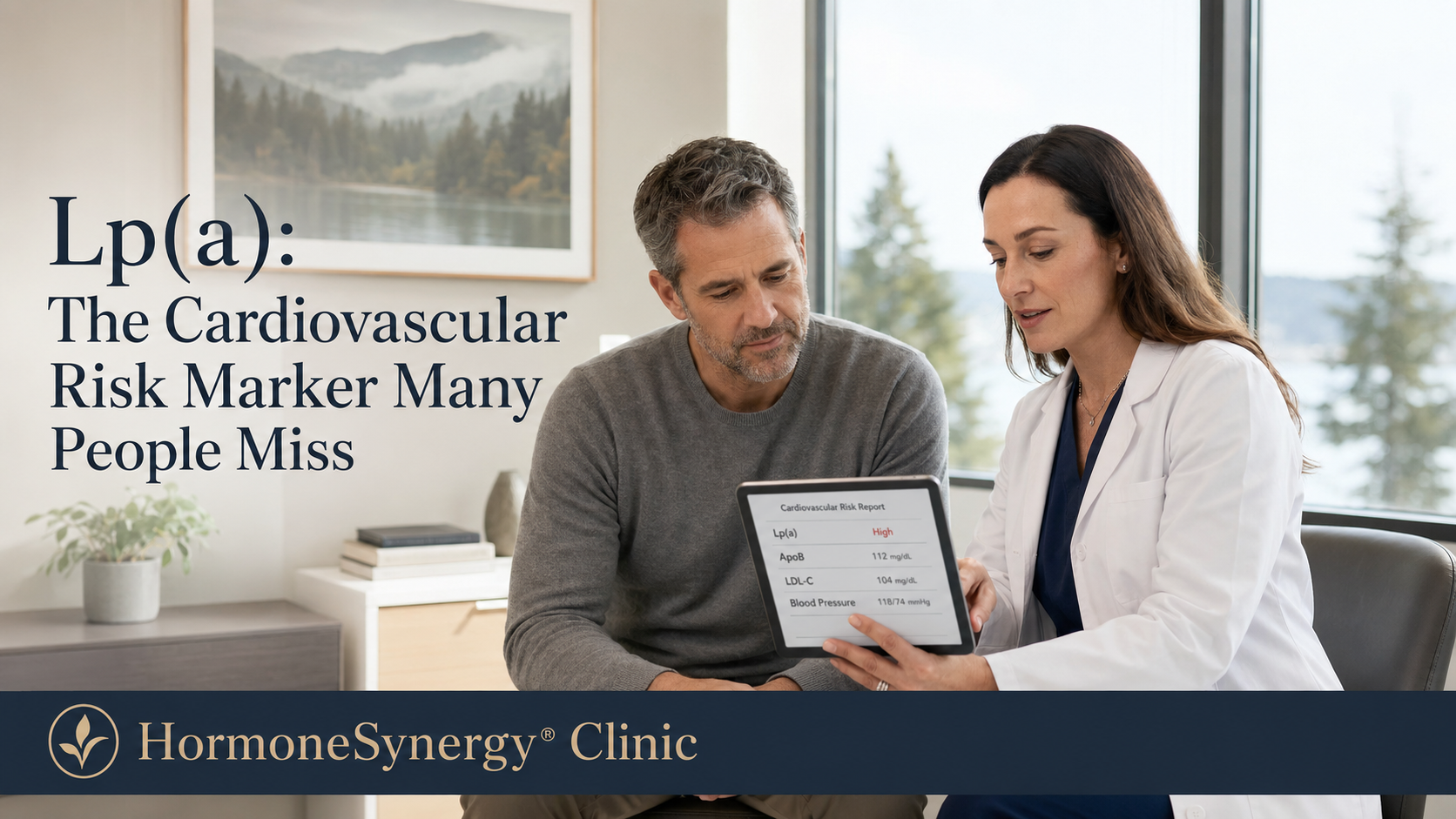 Female physician reviewing elevated Lp(a) cardiovascular risk and plaque prevention testing with a patient at HormoneSynergy Clinic.