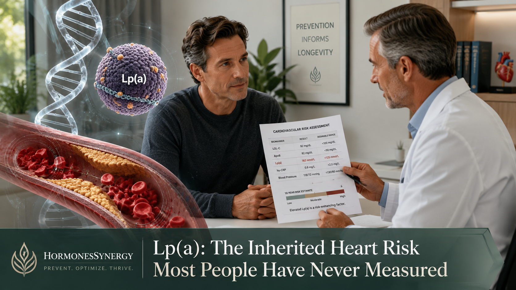 Physician reviewing an inherited Lp(a) cardiovascular risk result with a patient during a preventive heart health consultation.