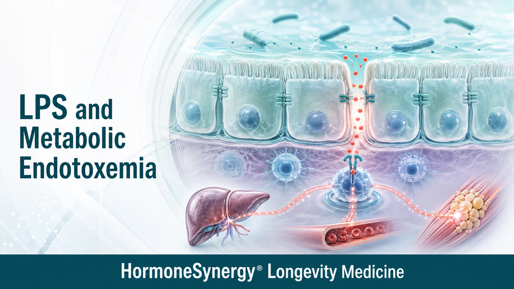 Medical illustration showing LPS crossing a disrupted intestinal barrier and interacting with immune, liver, and metabolic pathways.