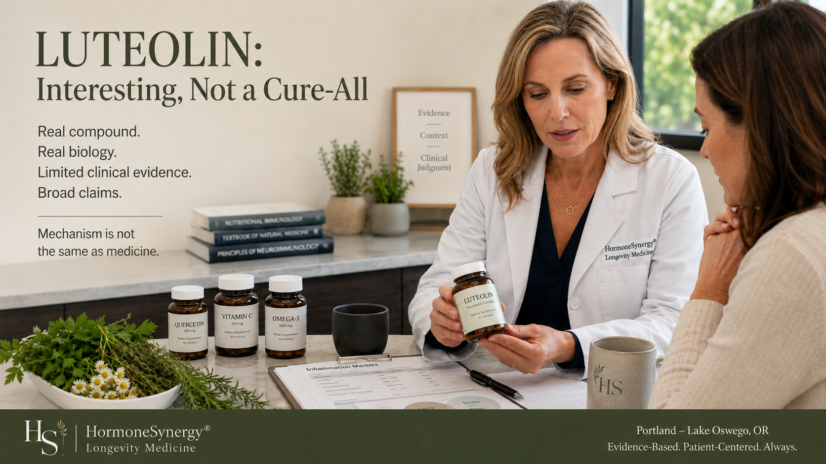 Physician reviewing luteolin supplement claims, lab results, and nutrition context with a patient in a HormoneSynergy longevity medicine consultation.