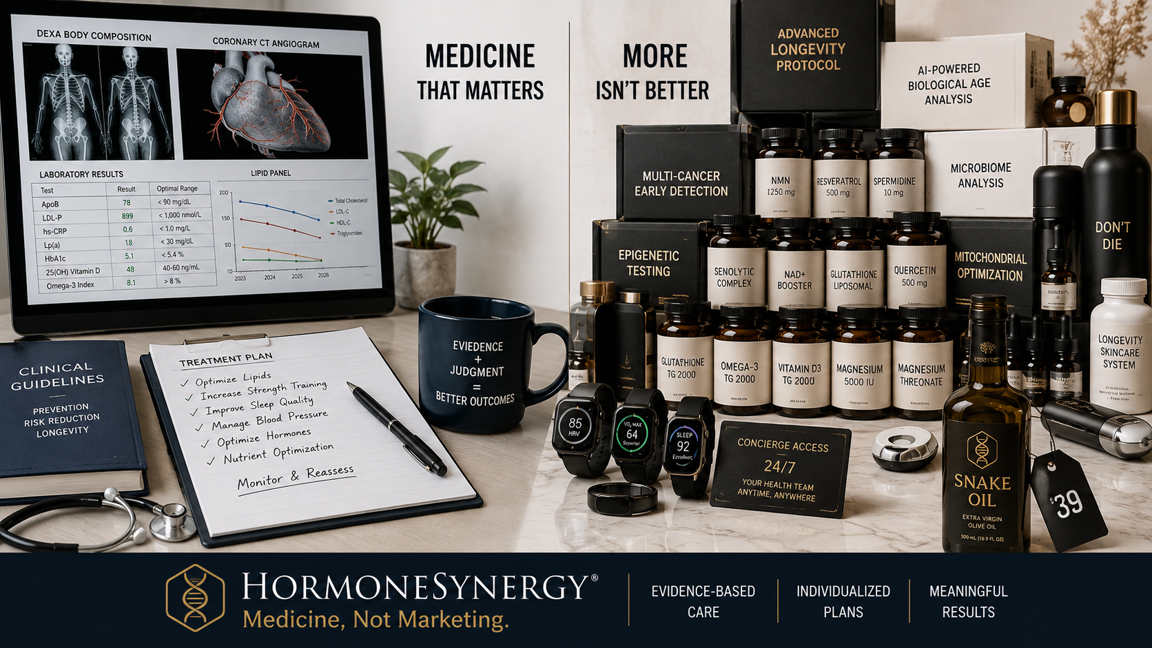 Editorial illustration contrasting physician-guided longevity medicine with expensive luxury wellness testing and products, HormoneSynergy Medicine Not Marketing.