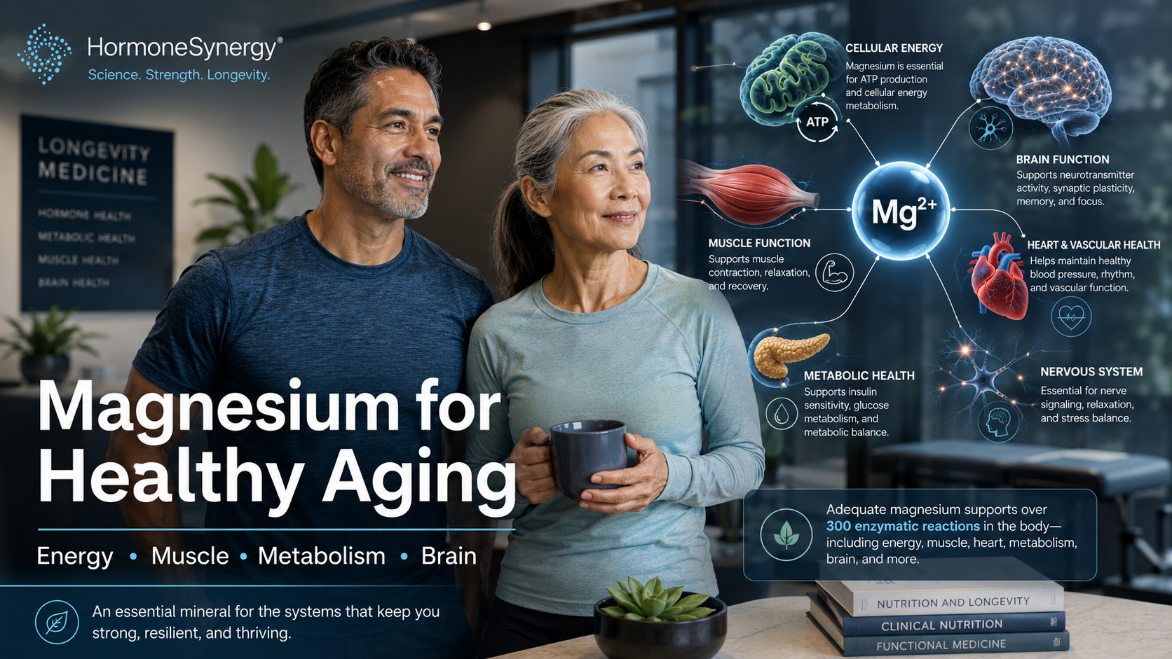 Magnesium for healthy aging showing cellular energy, muscle, cardiovascular, metabolic and brain health pathways.