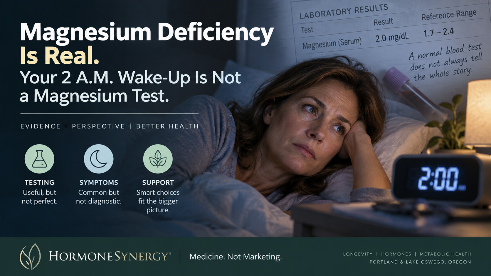 Person awake at 2 a.m. beside a clock with magnesium laboratory testing imagery illustrating why nighttime waking does not diagnose magnesium deficiency.