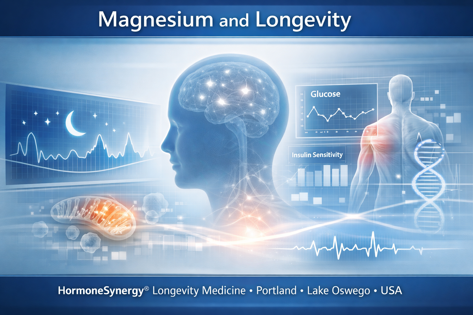 Magnesium and longevity medicine concept showing sleep, nervous system balance, and metabolic health in a clinical dashboard style