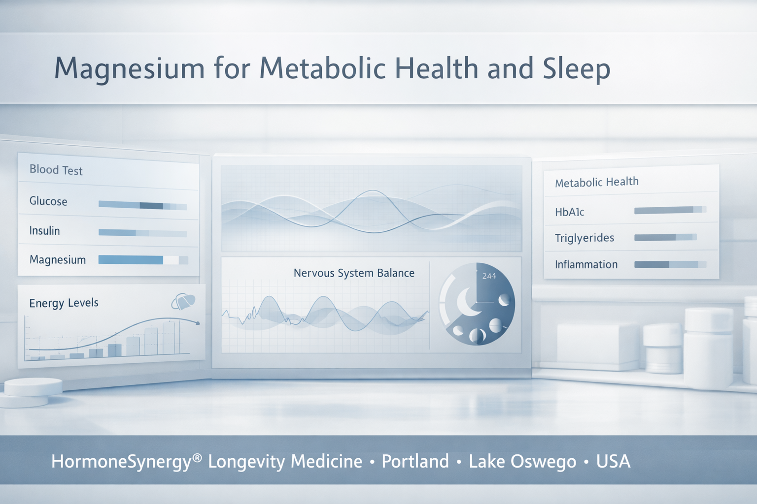 Magnesium and metabolic health with sleep and nervous system regulation shown in a clean clinical dashboard for longevity medicine