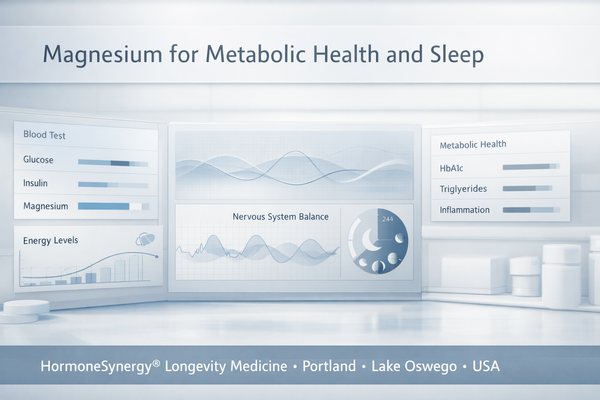 Magnesium and metabolic health with sleep and nervous system regulation shown in a clean clinical dashboard for longevity medicine