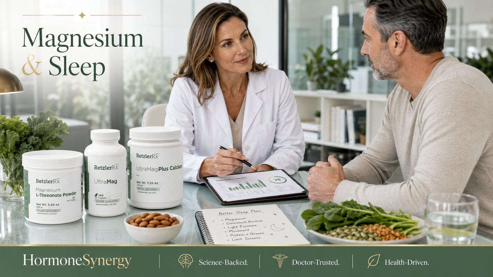 Physician discussing magnesium, sleep, and metabolic health with a patient in a modern HormoneSynergy-style longevity medicine clinic in Portland and Lake Oswego, Oregon.