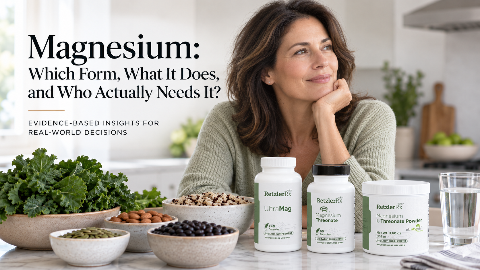 Magnesium-rich foods with RetzlerRx UltraMag and magnesium L-threonate supplements for evidence-based magnesium support