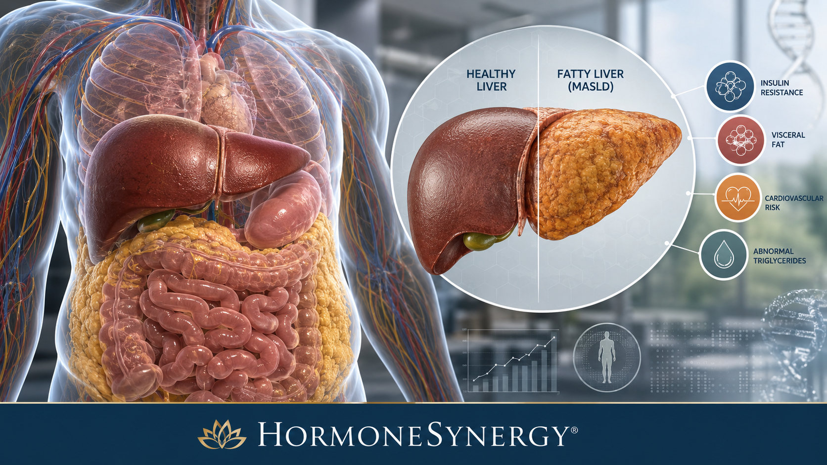 MASLD formerly NAFLD fatty liver, visceral fat and metabolic health illustration for HormoneSynergy longevity medicine