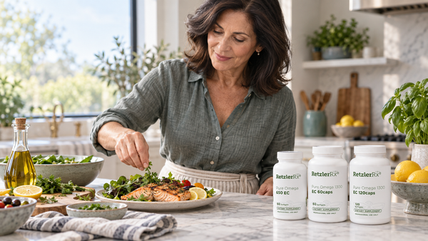 Woman preparing a Mediterranean salmon meal beside RetzlerRx® Pure Omega 650 EC and Pure Omega 1300 EC fish oil supplements.