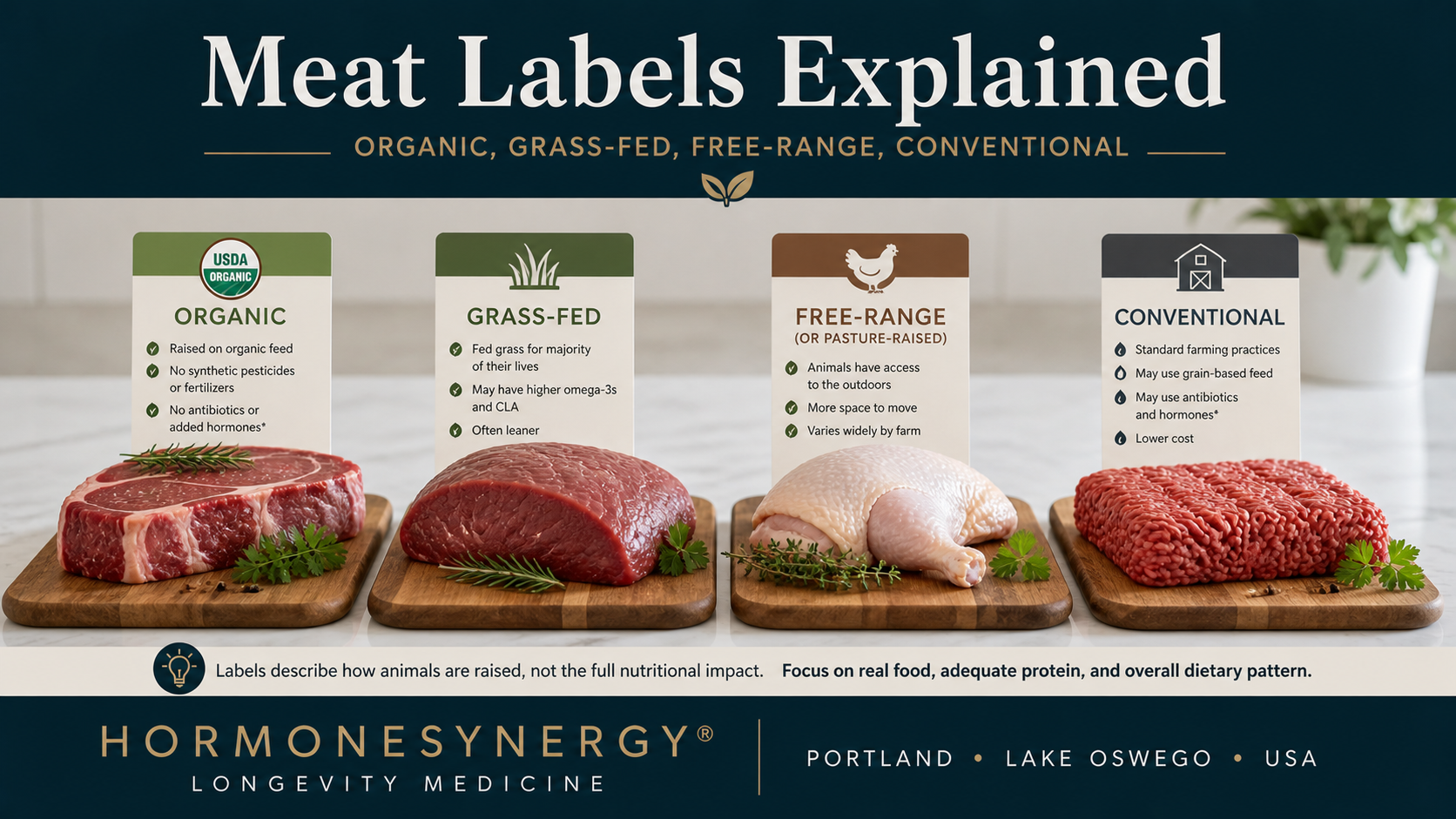 Clinical editorial image comparing different meat sourcing labels to illustrate practical food choices for longevity and metabolic health.