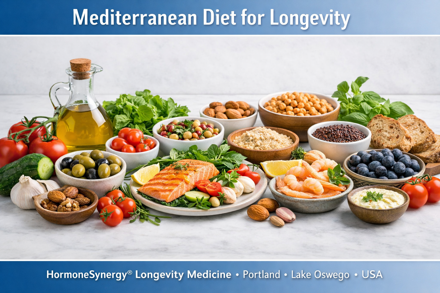 Mediterranean diet foods including olive oil, vegetables, fish, legumes, and nuts representing evidence-based longevity nutrition for heart and metabolic health at HormoneSynergy® Longevity Medicine.