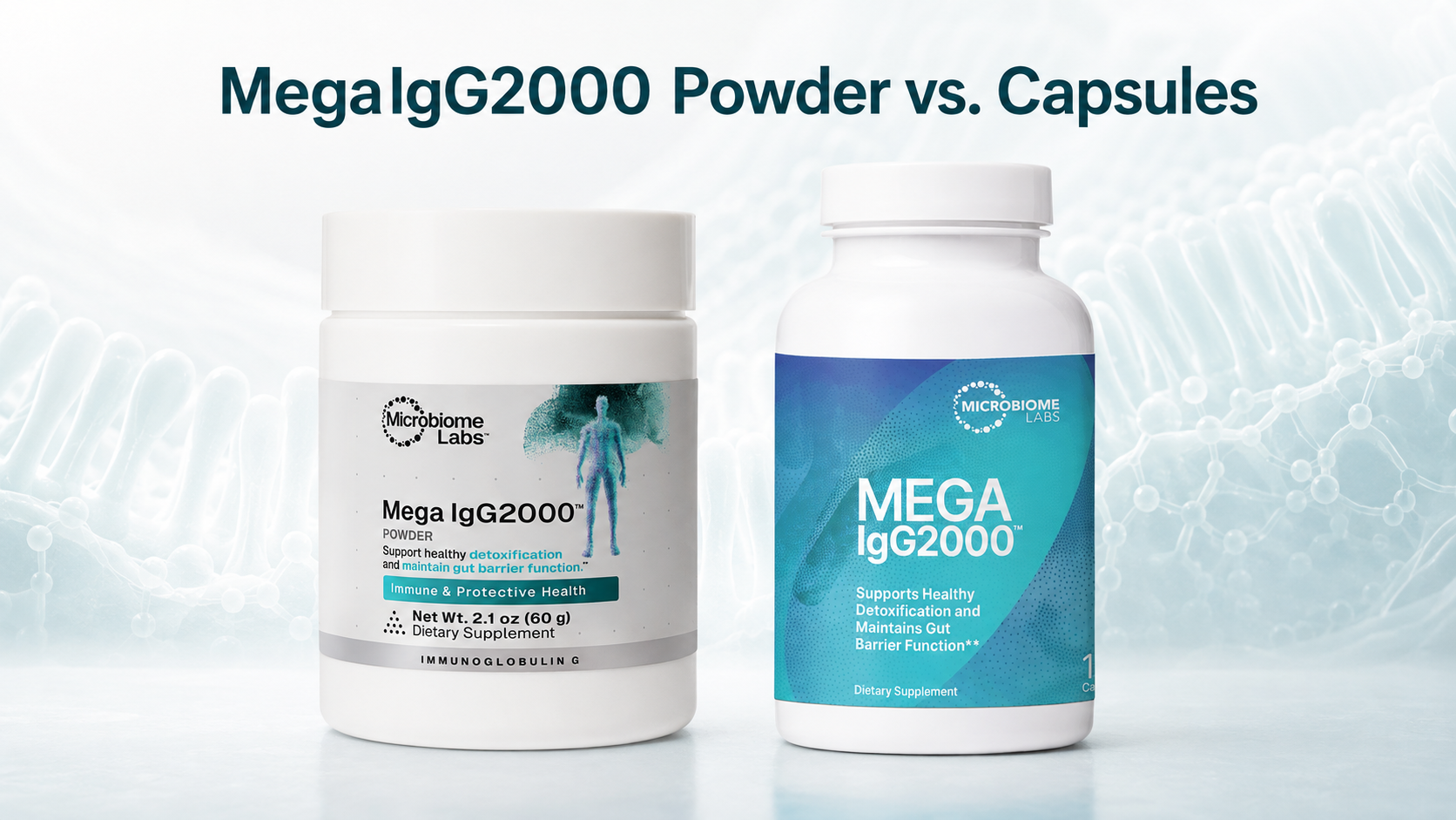 MegaIgG2000 powder and capsules compared for serum-derived bovine immunoglobulin and gut barrier support.