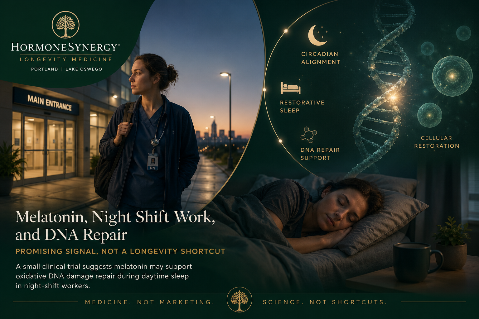 Melatonin, night-shift work, circadian rhythm, and DNA repair support in longevity medicine at HormoneSynergy in Portland and Lake Oswego.