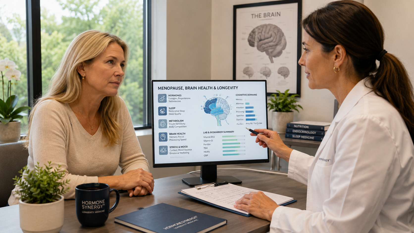 Midlife woman discussing menopause-related brain fog, memory, sleep, and hormone changes with a physician in a clinical consultation room.