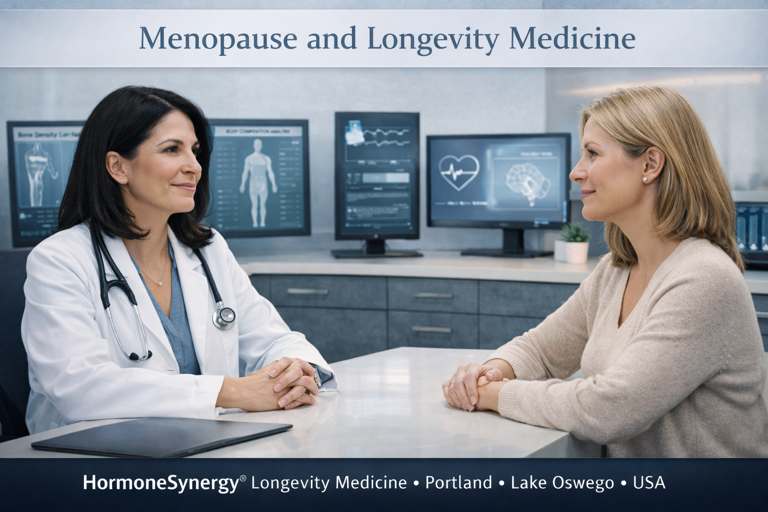 Dark-haired woman physician consulting with a menopausal woman in a clinical longevity medicine setting with subtle bone density, metabolic, cardiovascular, and brain health cues.