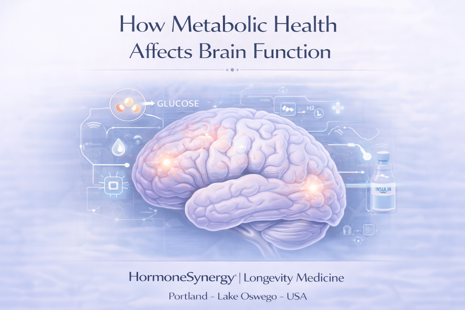 Medical illustration showing how glucose metabolism and insulin signaling influence brain energy, cognition, and long-term brain health