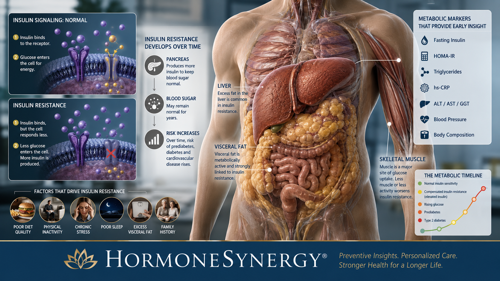Insulin resistance and metabolic health showing glucose regulation, skeletal muscle, liver and visceral fat in longevity medicine
