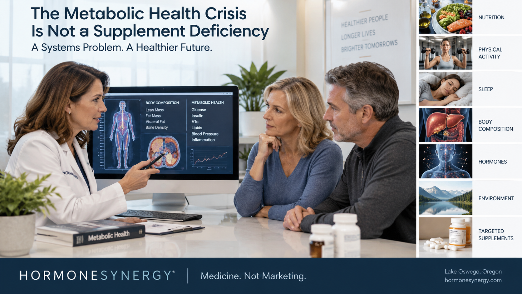 Insulin resistance and metabolic health shown as a systems problem involving visceral fat, muscle, exercise, nutrition, sleep and medical care rather than supplements alone.