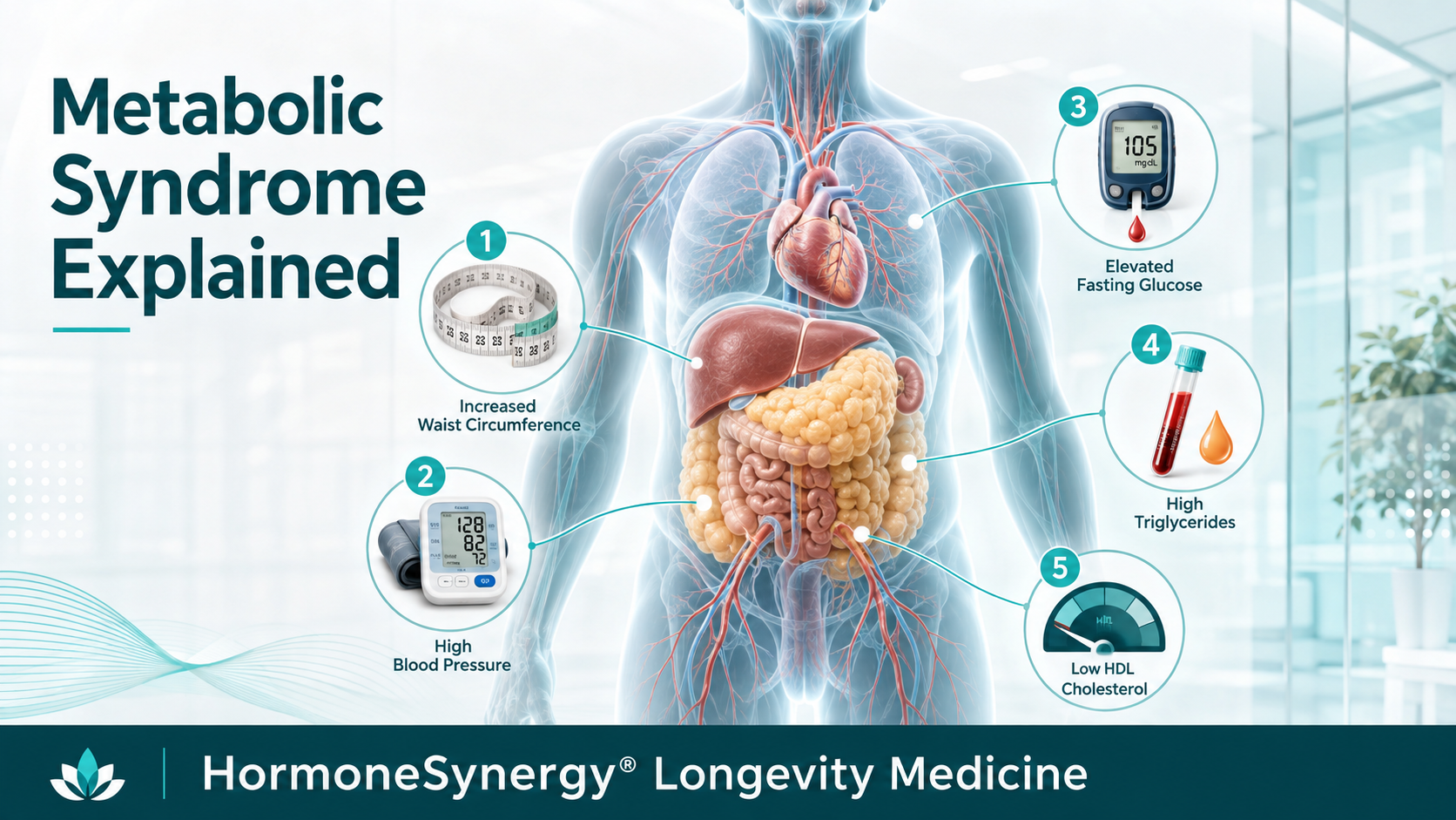 Medical illustration showing the five metabolic syndrome criteria and their relationship to cardiovascular and metabolic health.