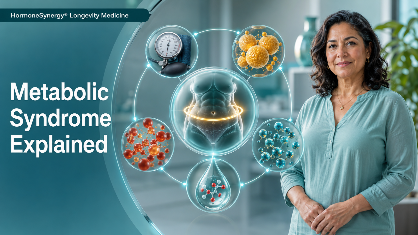 HormoneSynergy® illustration showing the interconnected waist, blood pressure, triglyceride, HDL cholesterol and glucose factors of metabolic syndrome.