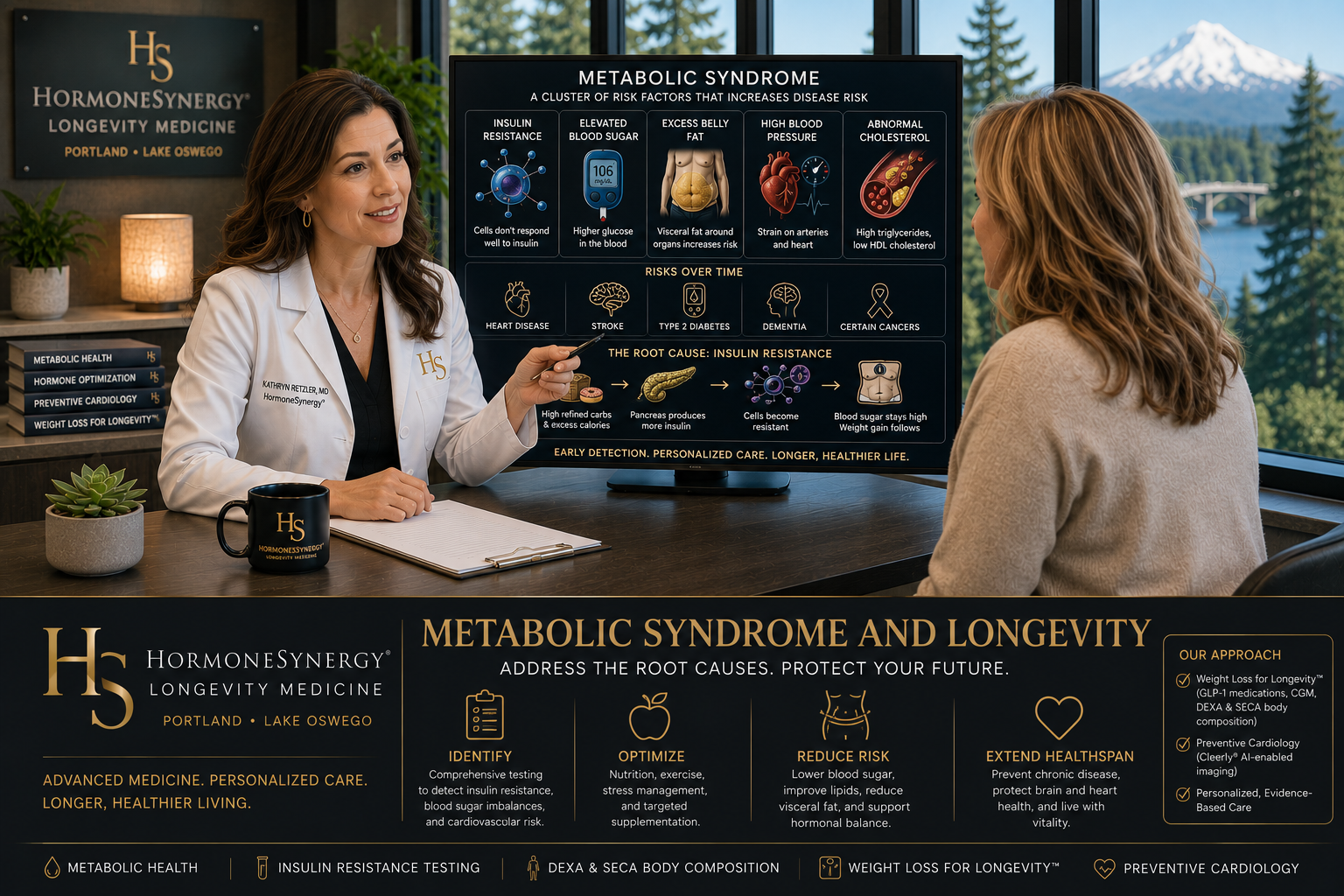 Physician reviewing metabolic syndrome, insulin resistance, visceral fat, glucose, triglycerides, and cardiometabolic risk with a patient in a modern Portland and Lake Oswego longevity medicine clinic.