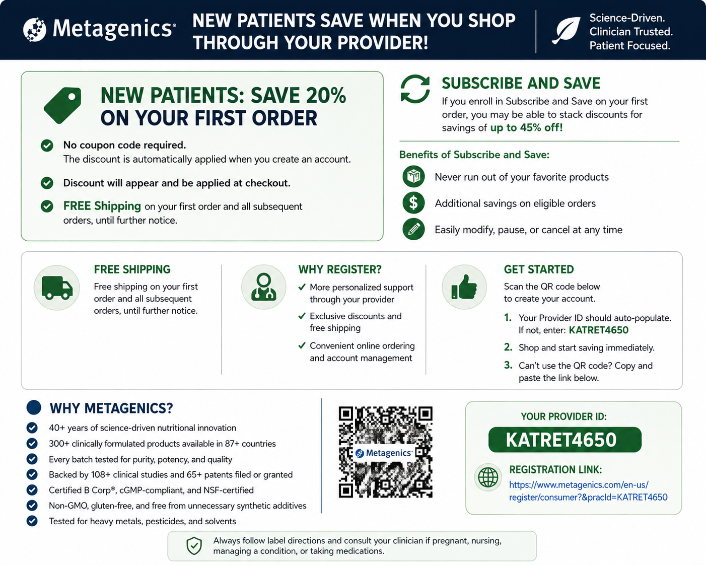 Metagenics new patient 20% off first order through HormoneSynergy provider ID KATRET4650, with free shipping, Subscribe and Save benefits, registration instructions, and Metagenics quality standards.