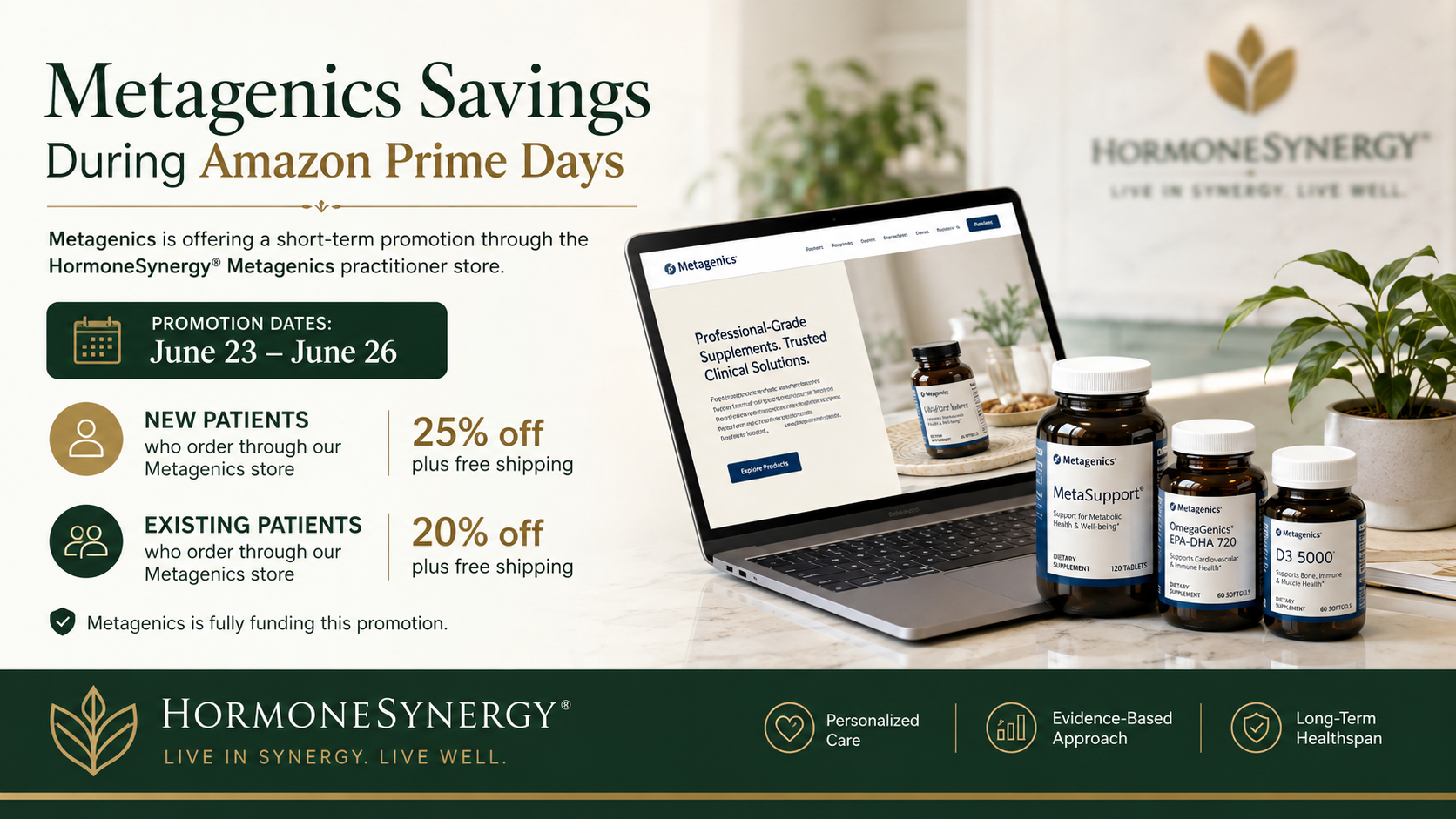 Metagenics Prime Days savings through the HormoneSynergy practitioner store for new and existing patients.