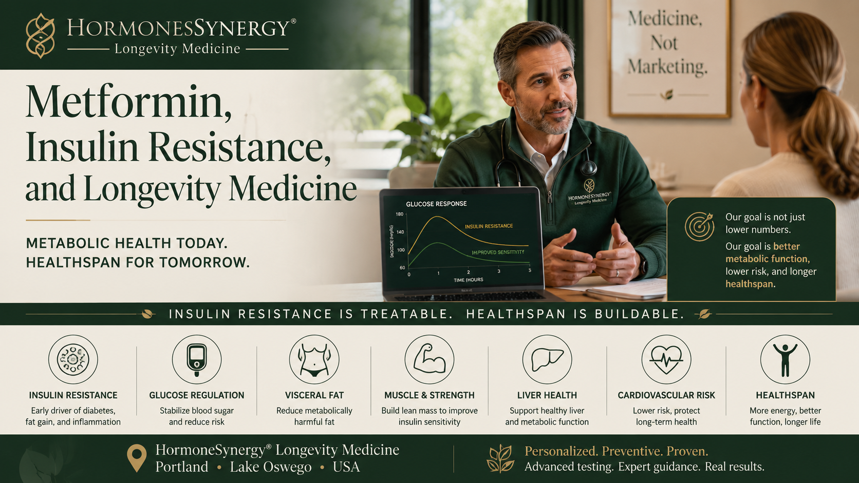 showing a physician-patient consultation with insulin resistance, glucose regulation, visceral fat, muscle, liver, and cardiovascular risk icons for an article on metformin and longevity medicine in Portland and Lake Oswego.